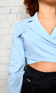 WRAPPED UP IN BUSINESS - blue collar wrap top Jayli's Runway 