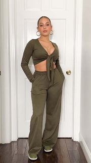 SUNDAY BRUNCH - 2-Piece olive green loungewear pant set Jayli's Runway
