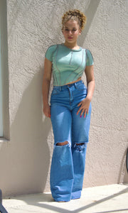 WATERFALL - Raw edge ribbed blue crop t-shirt Jayli's Runway
