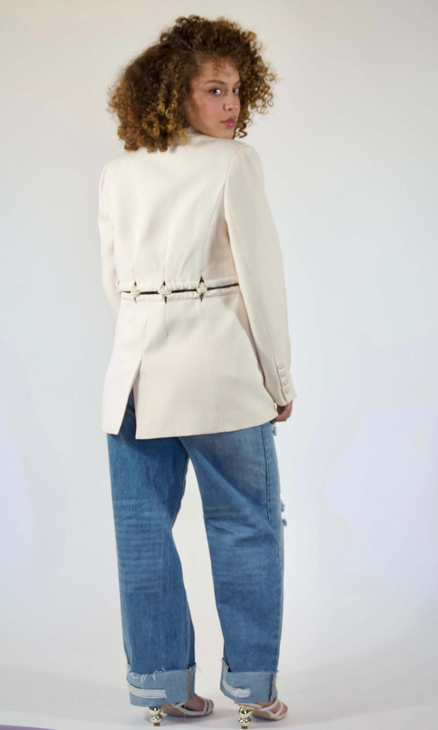 KNOTS OVER YOU - Ivory cutout rope boyfriend blazer Jayli's Runway