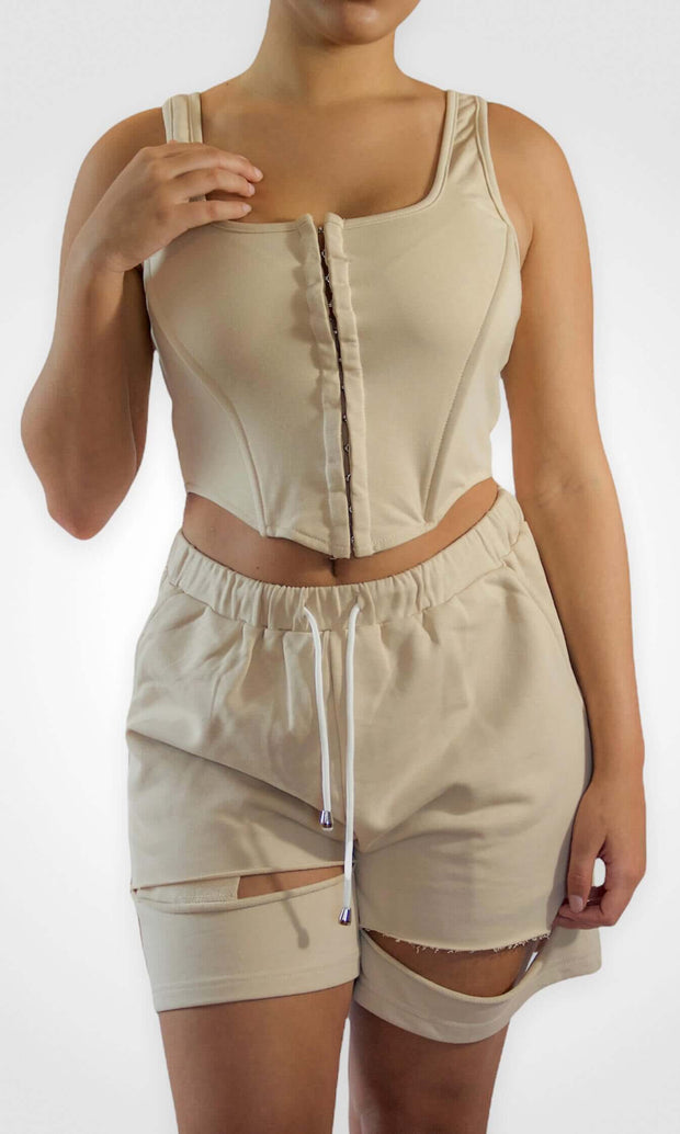 ERRANDS TO RUN - Beige corset and shorts loungewear Jayli's Runway 