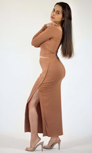 MEET ME IN THE MIDI - Tan 2 piece skirt set Jayli's Runway