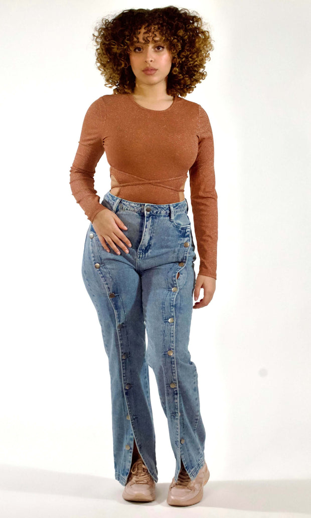 HUG ME, SQUEEZE ME - Camel shine cut-out bodysuit Jayli's Runway