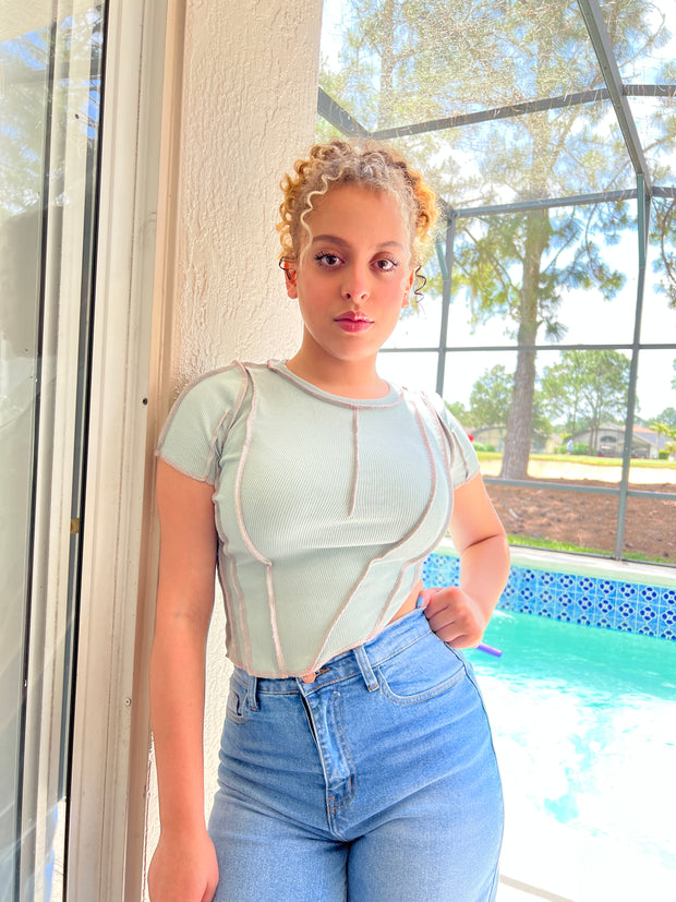 WATERFALL - Raw edge ribbed blue crop t-shirt Jayli's Runway