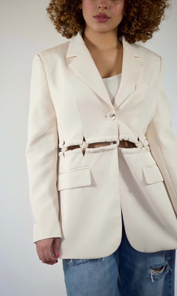 KNOTS OVER YOU - Ivory cutout rope boyfriend blazer Jayli's Runway