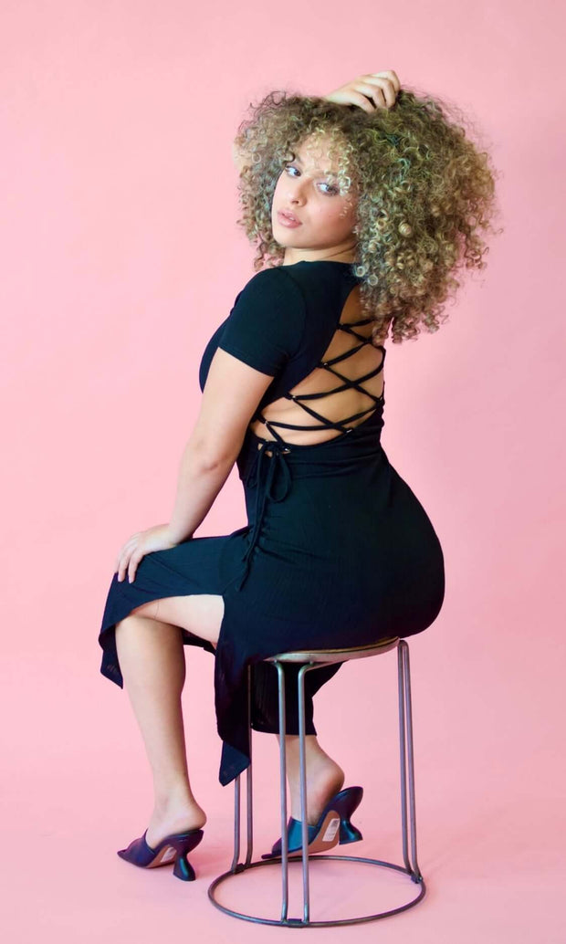 SHADOWS OF LOVE - Lace-up back midi dress Jayli's Runway