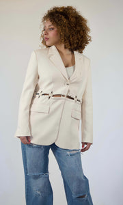 KNOTS OVER YOU - Ivory cutout rope boyfriend blazer Jayli's Runway