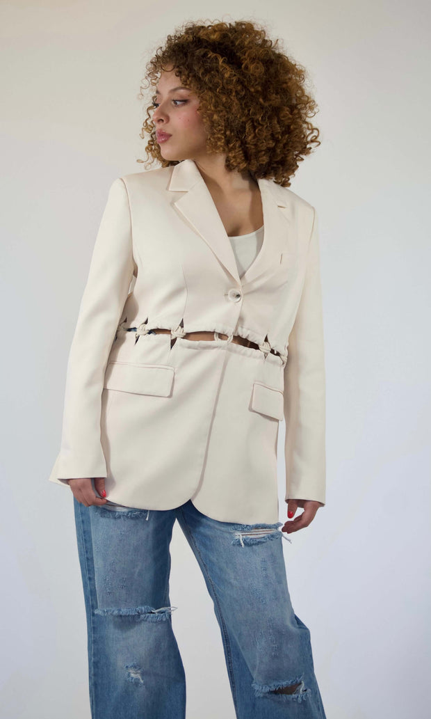 KNOTS OVER YOU - Ivory cutout rope boyfriend blazer Jayli's Runway