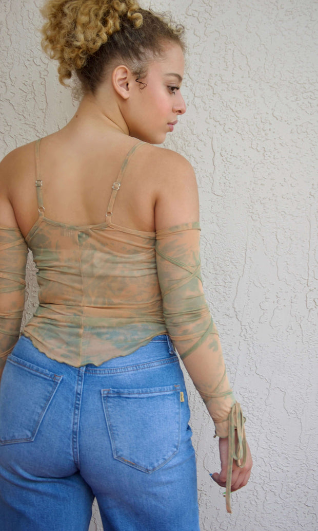 ENTANGLED - Mesh removable sleeves beige top Jayli's Runway