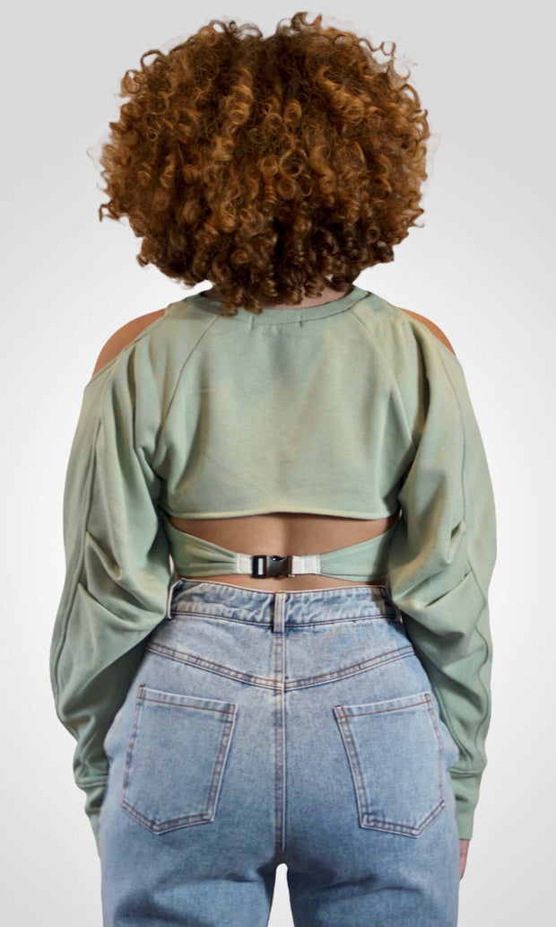 HELLO, HELLO - Sage open back sweatshirt Jayli's Runway