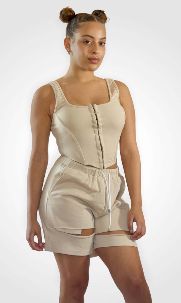 ERRANDS TO RUN - Beige corset and shorts loungewear Jayli's Runway 