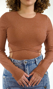 HUG ME, SQUEEZE ME - Camel shine cut-out bodysuit Jayli's Runway