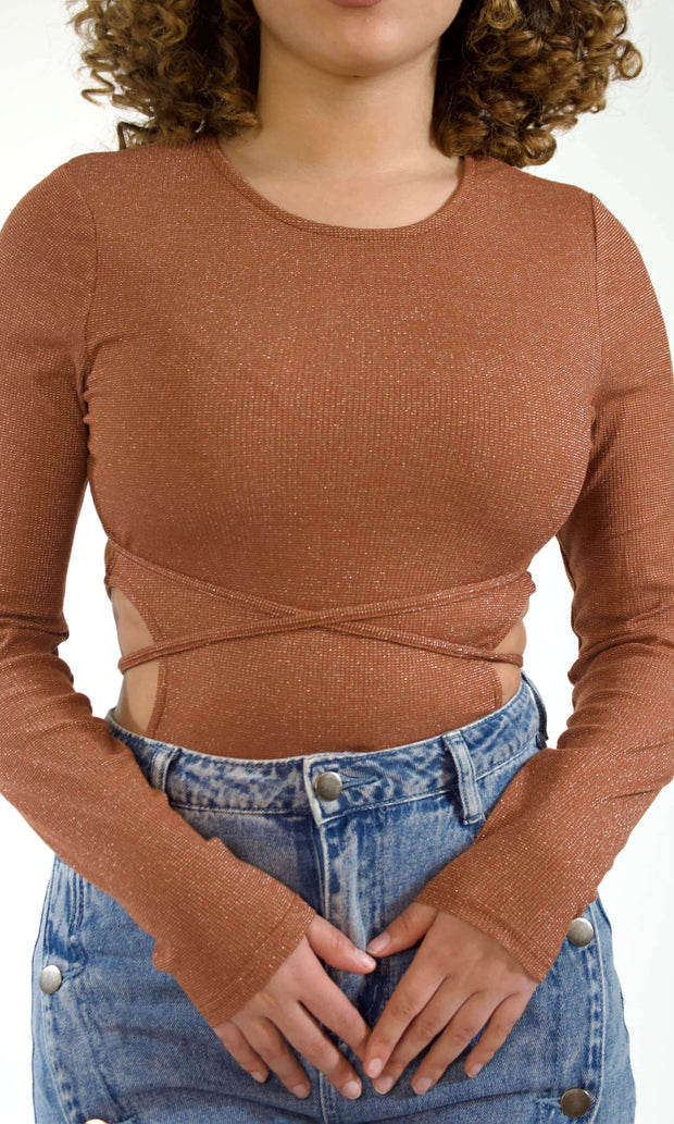 HUG ME, SQUEEZE ME - Camel shine cut-out bodysuit Jayli's Runway