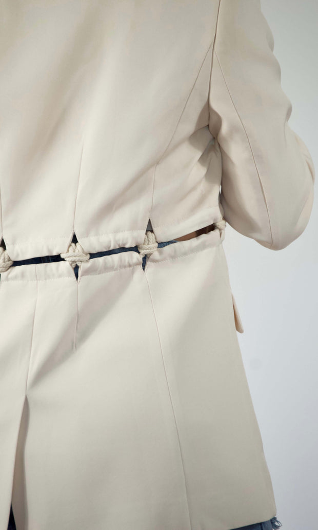 KNOTS OVER YOU - Ivory cutout rope boyfriend blazer Jayli's Runway
