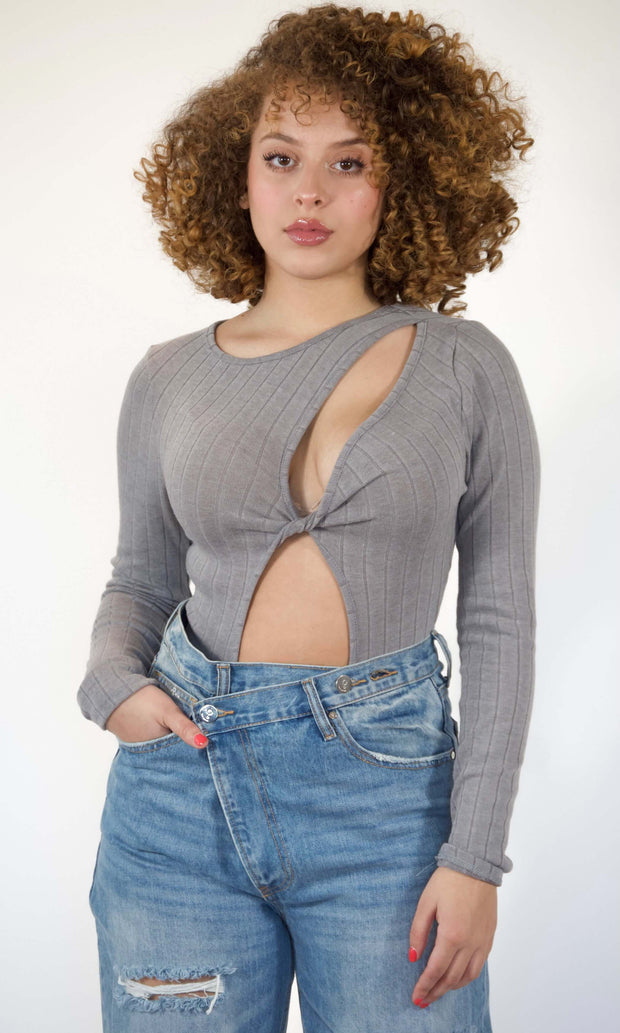 HEART OF GLASS - Grey cut-out bodysuit Jayli's Runway