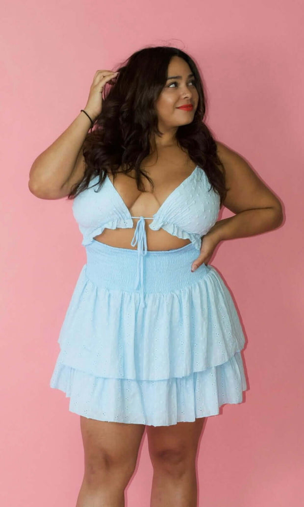 SUNNY DESTINATION PLEASE - Blue ruffle mini dress Jayli's Runway 