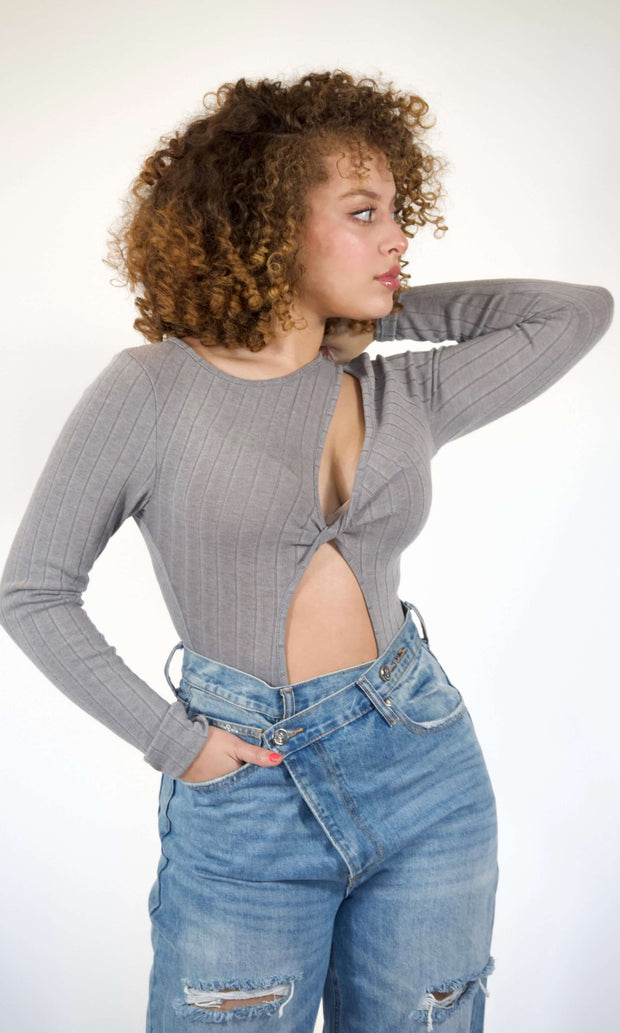 HEART OF GLASS - Grey cut-out bodysuit Jayli's Runway