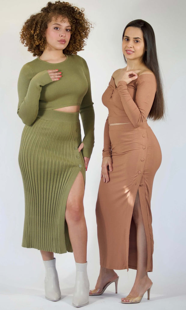MEET ME IN THE MIDI - Tan 2 piece skirt set Jayli's Runway