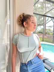 WATERFALL - Raw edge ribbed blue crop t-shirt Jayli's Runway