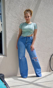 WATERFALL - Raw edge ribbed blue crop t-shirt Jayli's Runway