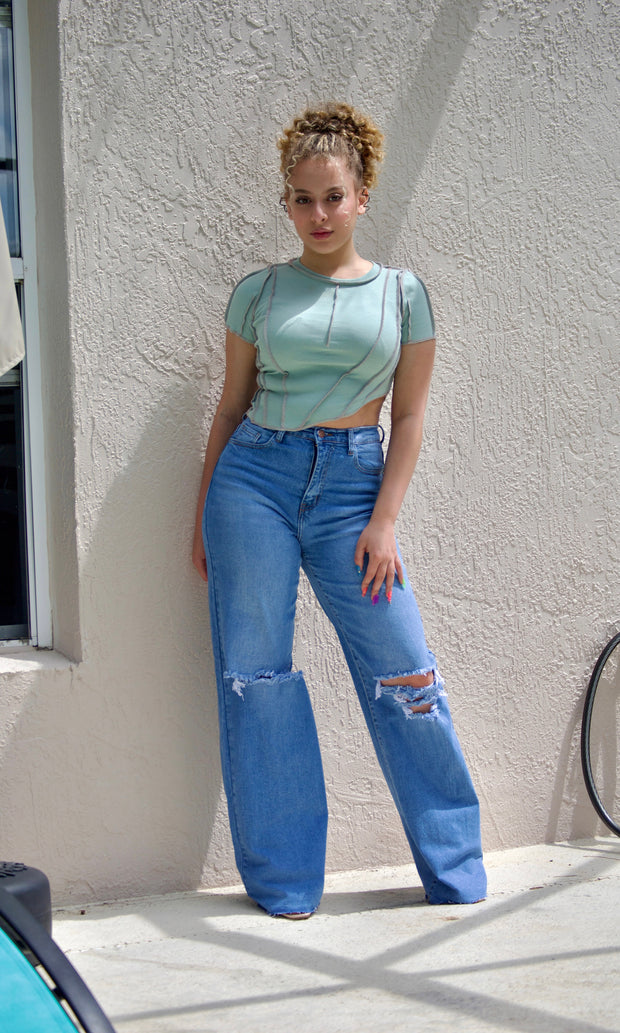 WATERFALL - Raw edge ribbed blue crop t-shirt Jayli's Runway