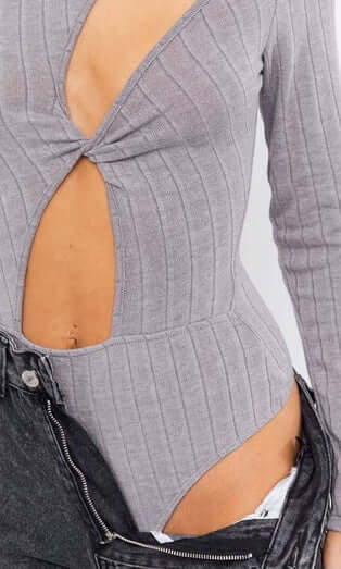 HEART OF GLASS - Grey cut-out bodysuit Jayli's Runway