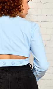 WRAPPED UP IN BUSINESS - blue collar wrap top Jayli's Runway 